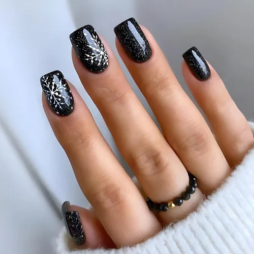 Uñas postizas a presión con copos de nieve, uñas postizas cuadradas cortas de Navidad, uñas acrílicas negras con purpurina, kit de uñas postizas