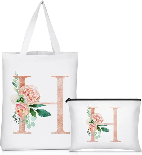 Miniatura 17 de Sanwuta 2 bolsas de lona con inicial, diseño floral con letras florales, bolsas de cosméticos de viaje, bolsas con monograma para mujer, mujer