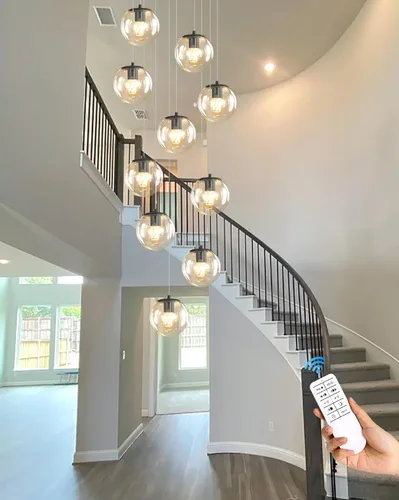 Miniatura 4 de ykolupty Escalera LED de 10 luces LED moderna con globo de cristal, lámpara colgante grande para techos altos, accesorios de iluminación de entrada