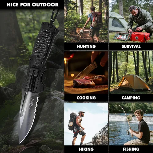 Miniatura 8 de XIPHIAS Cuchillo plegable de supervivencia - Multiherramienta de acero inoxidable con luz LED, iniciador de fuego, silbato y paracord, clip