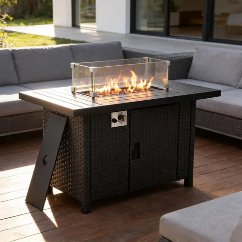 Miniatura 6 de Mesa para fogata de propano, 46 pulgadas, con certificación ETL de 55,000 BTU, mesa de gas para exteriores con protector de viento de vidrio y rocas