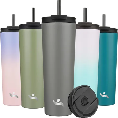 Miniatura 31 de Konokyo Vaso aislado de 18 onzas con tapa y 2 pajillas, botella de agua de acero inoxidable, taza de viaje al vacío, taza de café, color blanco ángel