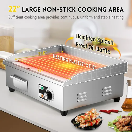 Miniatura 3 de Moogiantgo - Plancha eléctrica comercial de 22 pulgadas, 1600 W, antiadherente para encimera, acero inoxidable, caja de aceite extraíble, Plano