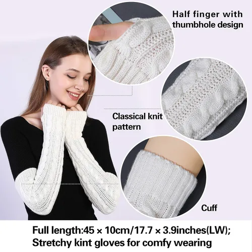 Miniatura 17 de Bellady Guantes de invierno para mujer, cálidos sobre el codo, guantes largos sin dedos con agujero para el pulgar, guantes de punto para calentar