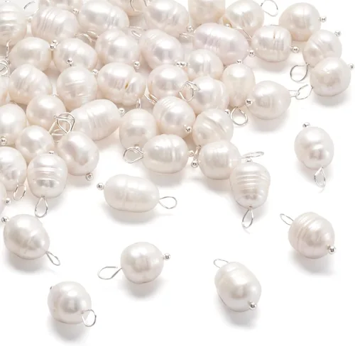 Miniatura 6 de Pandahall - 50 dijes de perlas de agua dulce plateadas, conectores colgantes de perlas naturales y eslabones en forma de arroz con lazo para mujer