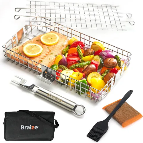 Cesta de parrilla ajustable con mango extraíble – 4 niveles de altura para verduras, carne, pescado y más – Cesta de barbacoa con tapa de bloqueo,