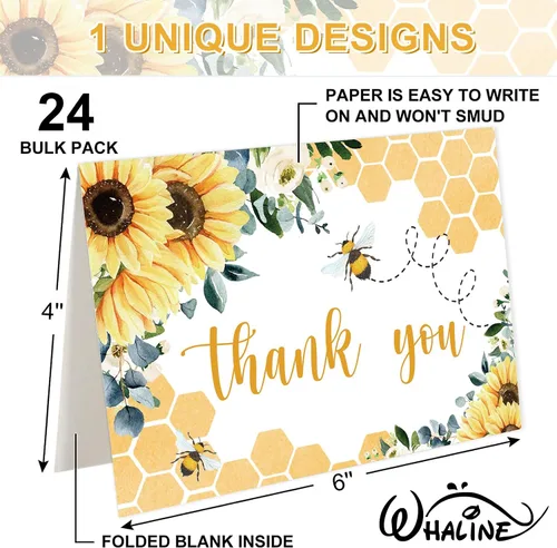 Miniatura 2 de Whaline 24 tarjetas de agradecimiento de abeja de girasol a granel, tarjetas de felicitación florales de verano con adhesivo sobre para boda, baby