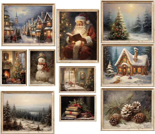 Whaline 10 hojas de arte de pared vintage de Navidad, escena de nieve, Papá Noel, árbol de Navidad, pósteres retro cálidos de temporada, arte de