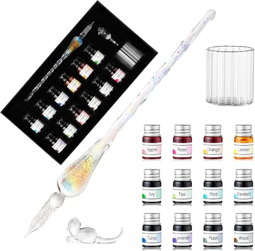ESSSHOP Juego de pluma estilográfica de caligrafía de cristal – 12 colores de tinta de vidrio de tinta, soporte para bolígrafo hecho a mano,