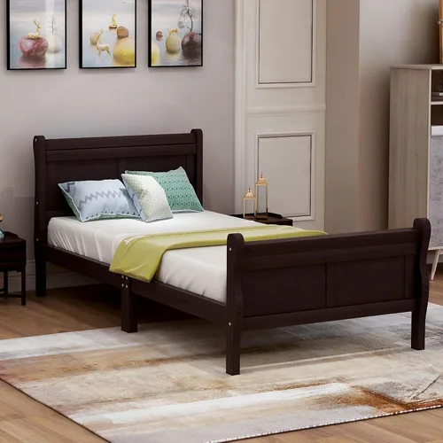 Miniatura 9 de Merax Base de cama de madera tamaño individual, base de colchón con cabecero, estribo, soporte de listones de madera, color espresso