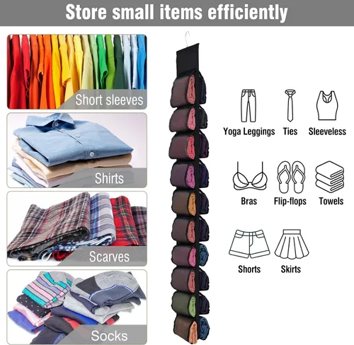 Miniatura 5 de Aulock Paquete de 2 organizadores de almacenamiento de leggings, sistema organizador de armario colgante, soporte negro para armarios de ropa con 20