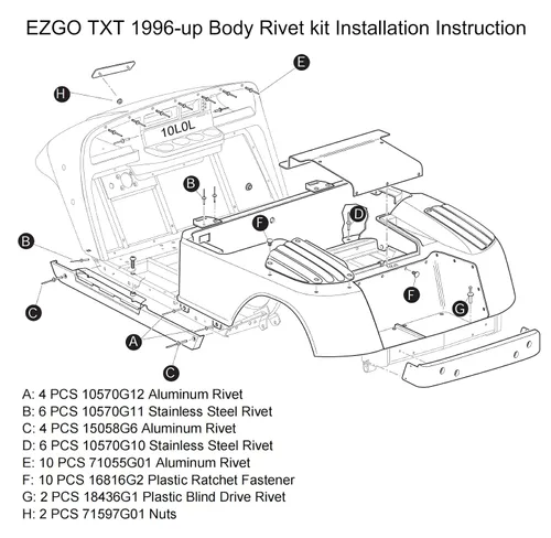 Miniatura 3 de 10L0L Kit completo de remaches de cuerpo para EZGO TXT 1994-up G&E, 44 sujetadores de metal y plástico, remaches de aluminio y acero inoxidable
