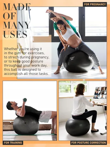 Miniatura 7 de PhysKcal Pelota de yoga para ejercicio, set de pilates, pelota de fitness de 4 tamaños para entrenamiento, parto, embarazo, terapia física - Bomba