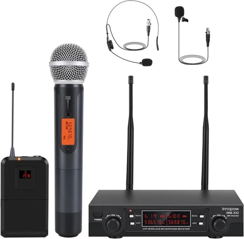 innopow Sistema de micrófonos inalámbricos de 200 canales, micrófono de solapa inalámbrico, sistema de micrófono de solapa inalámbrico UHF dual,