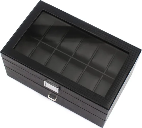 Miniatura 5 de Caja organizadora de reloj para hombres, 24 ranuras lujosa y masculina caja de exhibición texturizada de fibra de carbono - Parte superior de vidrio