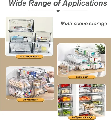 Miniatura 3 de Cajones de almacenamiento apilables, organizador extraíble transparente con asas y almohadillas antideslizantes para cocina, refrigerador