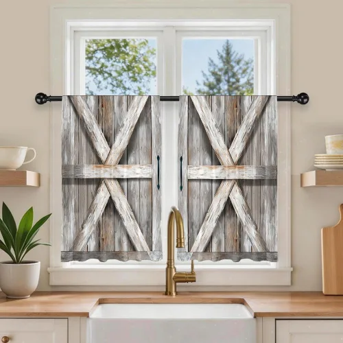 Barn Door Printed Polyester Short Kitchen Curtains 27.5" W x 36" L, Rod Pocket Rustic Wood Door Curtains, Small Decorative Window Curtains for