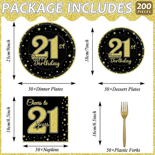 Miniatura 2 de 200 piezas de suministros para fiesta de cumpleaños de 21 años, platos de papel negro dorado, Brindis por 21 años, platos de papel y servilletas