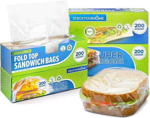 Miniatura 10 de Stock Your Home 200 bolsas de sándwich transparentes plegables, bolsas de plástico desechables a granel con cierre plegable para restaurantes
