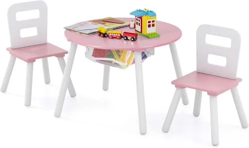 Costzon Juego de mesa y silla para niños, mesa de actividades de madera con almacenamiento de malla central, muebles para niños y niñas, ideal para