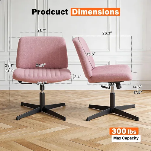 Miniatura 3 de PayLessHere Silla cruzada Rosa Silla de escritorio ancha y sin brazos sin ruedas Giratorio 360, altura ajustable y base de metal estable