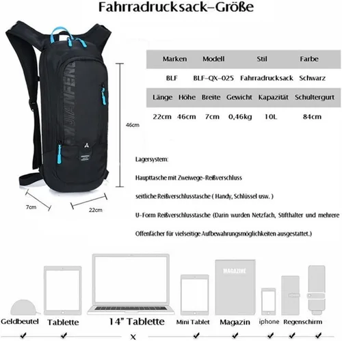 Miniatura 6 de WINDCHASER Mochila de ciclismo, mochila de bicicleta de 10 L, bolsa impermeable transpirable para viajes al aire libre, senderismo, escalada, Negro