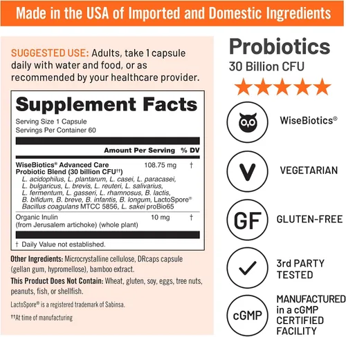 Miniatura 5 de NatureWise Max Probiotics for Women & Men - 30 mil millones de UFC, 18 cepas + prebióticos orgánicos, para la salud intestinal y digestiva, cápsulas