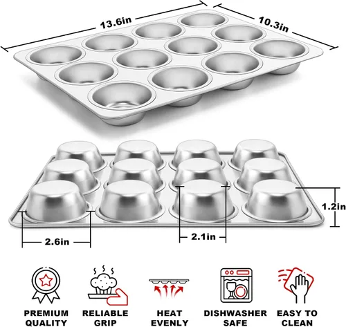 Miniatura 2 de TeamFar Molde para magdalenas de 12 tazas, molde de acero inoxidable para magdalenas de metal, para horno, tamaño regular y no tóxico, fácil