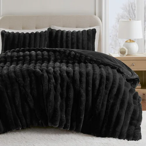 Madison Park Jasmine - Juego de edredón tamaño Queen, lujoso juego de cama reversible de terciopelo de felpa de pelo sintético acanalado, mullido y