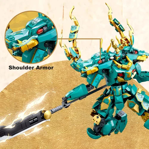 Miniatura 4 de HIGH GODO Mech Robot - Juego de bloques de construcción para adultos, kit de modelo guerrero dragón verde fresco con juego de juguete de lanza