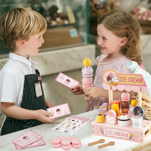 Miniatura 6 de HERSITY - Mostrador de Helado de Madera para Juego Simulado de Comida para Niños de 3 a 5 años, Juego de Tienda de Helados y Paleta de Juguete