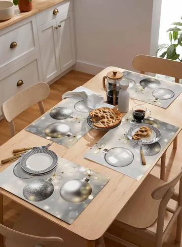 Miniatura 6 de Juego de 6 manteles individuales de bolas de Navidad para mesa de comedor, paño de lino de algodón para mesa cuadrada/rectangular/redonda