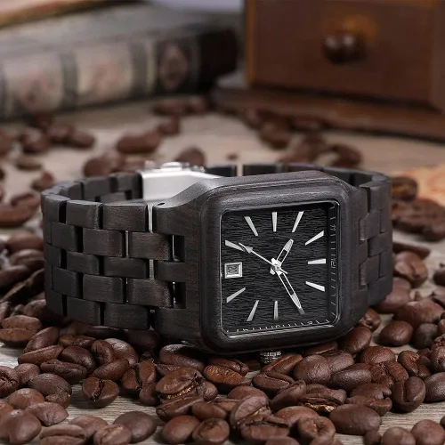 Miniatura 2 de Relojes de madera cuadrados únicos para hombre, ébano, arce rojo, sándalo, correa de madera completa, reloj de cuarzo con fecha