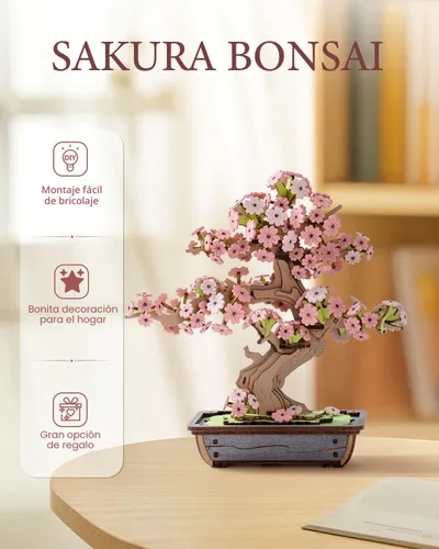 Miniatura 2 de Rolife Rompecabezas de Madera 3D de Flores para Adultos, Plantas de Árbol Bonsái Sakura DIY para Decoración de Mesa del Hogar, Manualidades