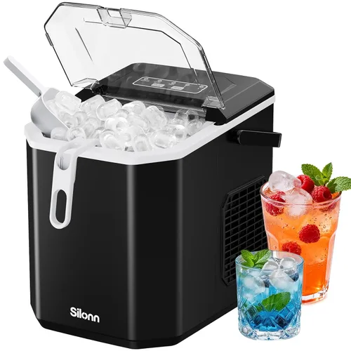 Miniatura 7 de Silonn - máquina de hielo para encimera, máquina de hielo portátil de acero inoxidable con asa de transporte, máquinas de hielo autolimpiables