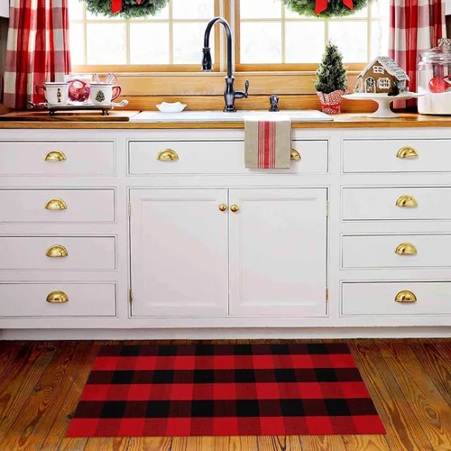 Miniatura 5 de Alfombra de Navidad a cuadros para exteriores, 2 x 4 pies 3 pulgadas, rojo y negro, alfombra de área para interiores y exteriores, alfombra de capas