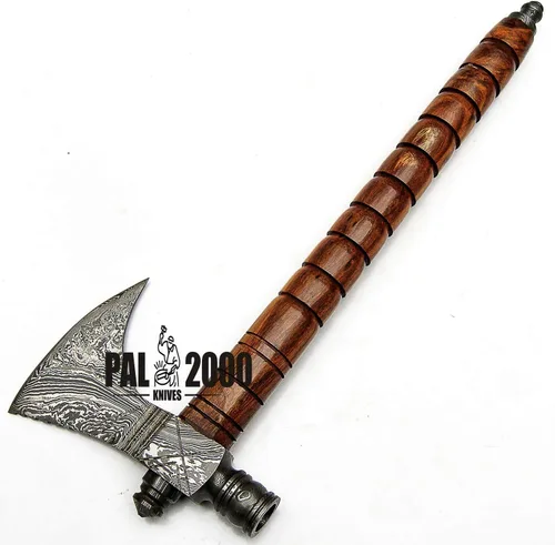 Miniatura 7 de Hacha de acero de Damasco hecha a mano, hacha de hacha Tomahawk, cuchillo, mango de madera de rosa maciza, pulgadas, hacha