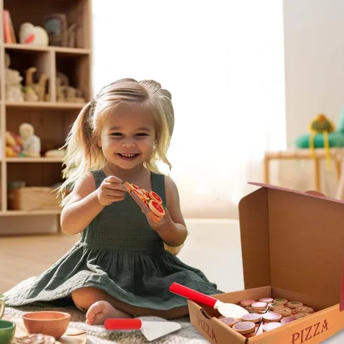 Miniatura 5 de Juego de alimentos de simulación para cortar, juguete de cocina de madera para niños, juego de pizza de madera, accesorios de cocina de simulación