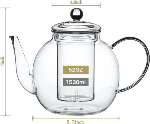 Miniatura 3 de Wlasss 1530 ml/52 oz Tetera grande de vidrio con infusor extraíble, tetera transparente segura para estufa para té de hojas sueltas y té