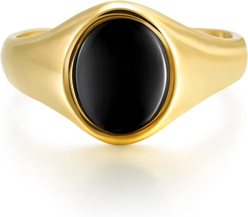 Miniatura 2 de TRUMIUM Anillos de sello chapados en oro de 18 quilates para hombres y mujeres, con incrustaciones de ónix negro, anillos de boda ligeros y gruesos