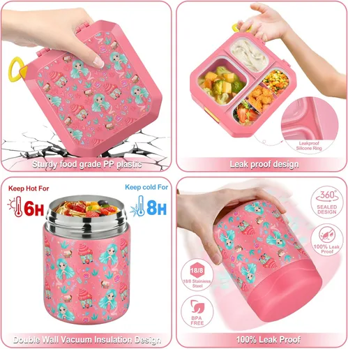 Miniatura 3 de wiwens Lonchera Bento para Niños con Termo para Sopa de 12 oz a Prueba de Fugas, Contenedor de Comida para Almuerzo con 5 Compartimentos, Frasco