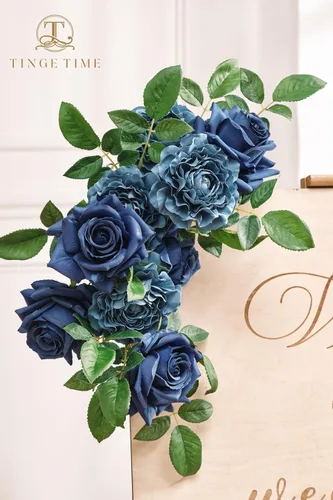 Miniatura 5 de TINGE TIME 16 rosas artificiales de seda de aspecto real, mezcla de color azul, rosa falsa con tallo para ramos de boda, centros de mesa