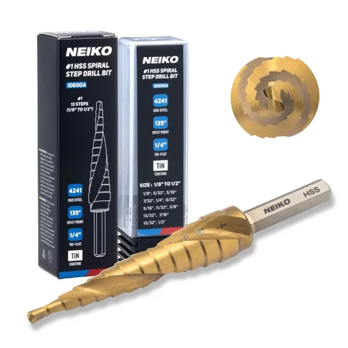 Miniatura 23 de NEIKO 10602A Step Drill Bit, 13 Steps 1/8" to 1/2" Spiral High Speed Steel, Titanium Nitride Coated, 1/4" Quick Change Step Bits for Steel, Metal