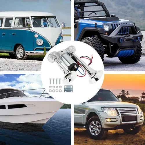 Miniatura 5 de Bocina de aire de 12V para camión, kit de bocina eléctrica súper fuerte de 600DB con doble trompeta y compresor para coches, camiones, trenes