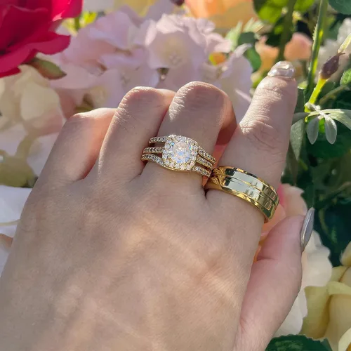 Miniatura 5 de Anillos a juego para parejas, anillos a juego de 1.8 quilates chapados en oro de circonita cúbica para mujer, conjuntos de anillos de boda para él