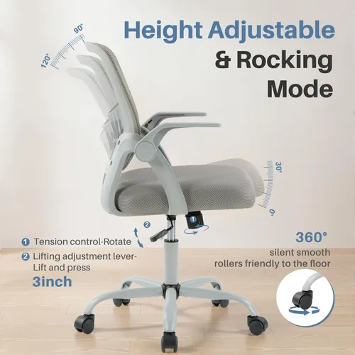 Miniatura 6 de DUMOS Silla de computadora de oficina en casa, escritorio ergonómico de respaldo medio con soporte lumbar y modo mecedor, altura ajustable con Brazo