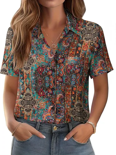 Miniatura 11 de Zeagoo Blusa de manga corta con botones para mujer, con bolsillo en el busto, para negocios, casual, para el trabajo, trajes de verano