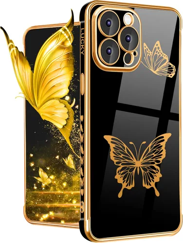 Petitian Funda para iPhone 14 Pro Max, diseño de mariposas para mujeres y niñas, diseño dorado para iPhone 14 Pro Max, cubierta femenina chapada en