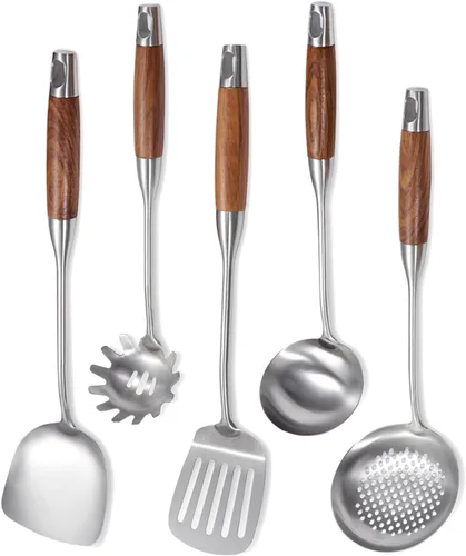 Miniatura 10 de IQCWOOD Juego de utensilios de cocina de acero inoxidable con mango de madera, 5 piezas resistentes al calor, herramienta de utensilios de cocina