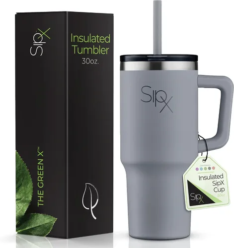 Miniatura 23 de SipX™ Vaso aislado de 30 onzas con asa y pajita, acero inoxidable aislado al vacío, a prueba de fugas, apto para portavasos - Perfecto para café